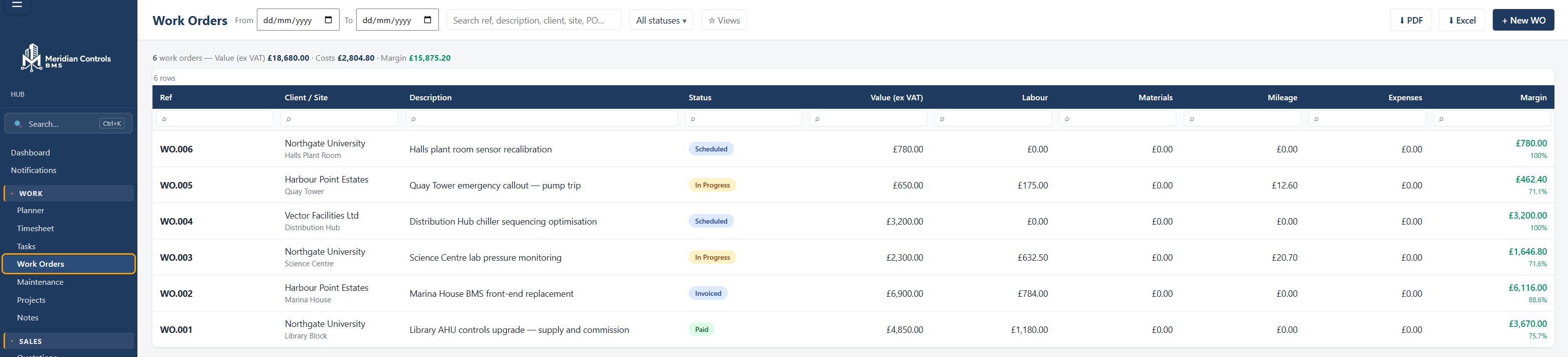 BMSOps work order list with live job values and margins